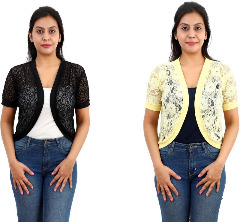 Women Half Sleeve Black, Yellow Shrug