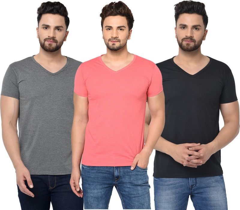 Pack of 3 V neck Combo T-shirts Multicolor Men Solid V Neck Cotton Blend Black, Pink, Grey T-Shirt