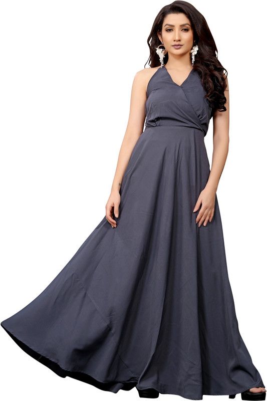 Solid Crepe Stitched Flared/A-line Gown  (Grey)