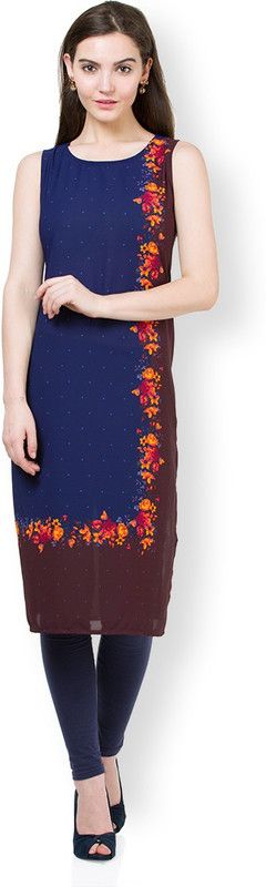 Women Printed Cotton Blend Straight Kurta  (Dark Blue, Maroon)