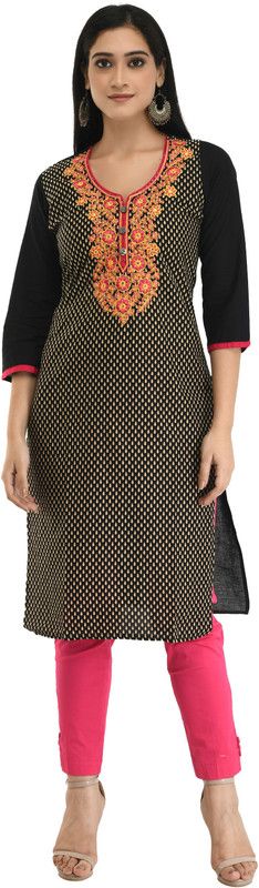 Women Printed, Embroidered Pure Cotton Straight Kurta  (Black, Pink, Beige)