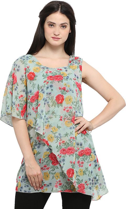 Party Sleeveless Floral Print Women Green Top