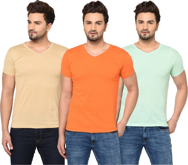 Pack of 3 Men Solid V Neck Cotton Blend Orange, Beige, Light Green T-Shirt