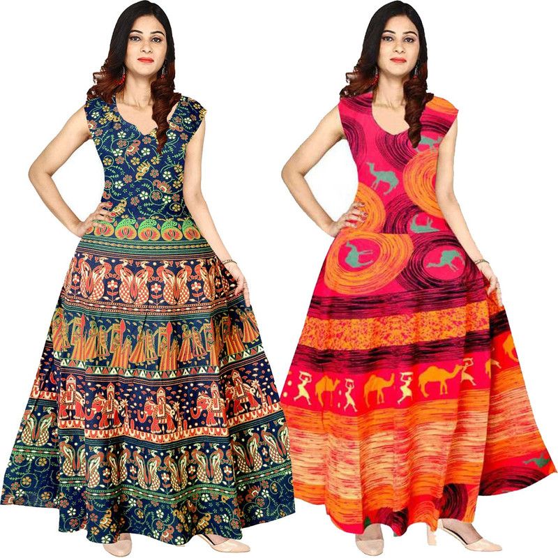 Women Maxi Blue, Pink Dress