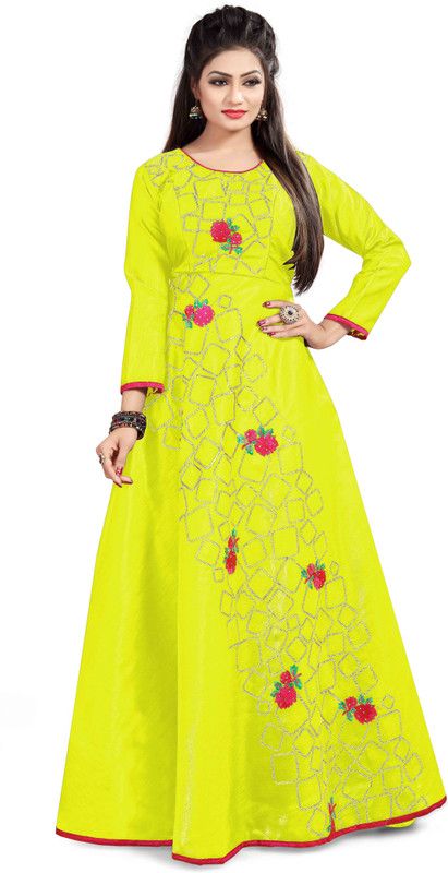 Embroidered Silk Blend Semi Stitched Flared/A-line Gown  (Yellow)