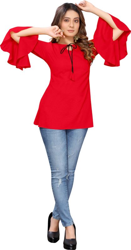 Casual Butterfly Sleeves Self Design Women Red Top