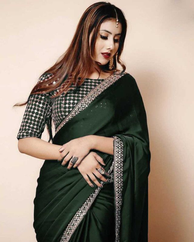 Hand Painted, Ombre, Embroidered, Geometric Print, Embellished, Graphic Print, Floral Print Bollywood Silk Blend, Art Silk Saree  (Dark Green, Gold)