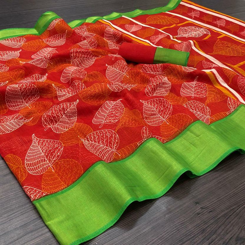 Digital Print Bandhani Cotton Blend Saree  (Red)