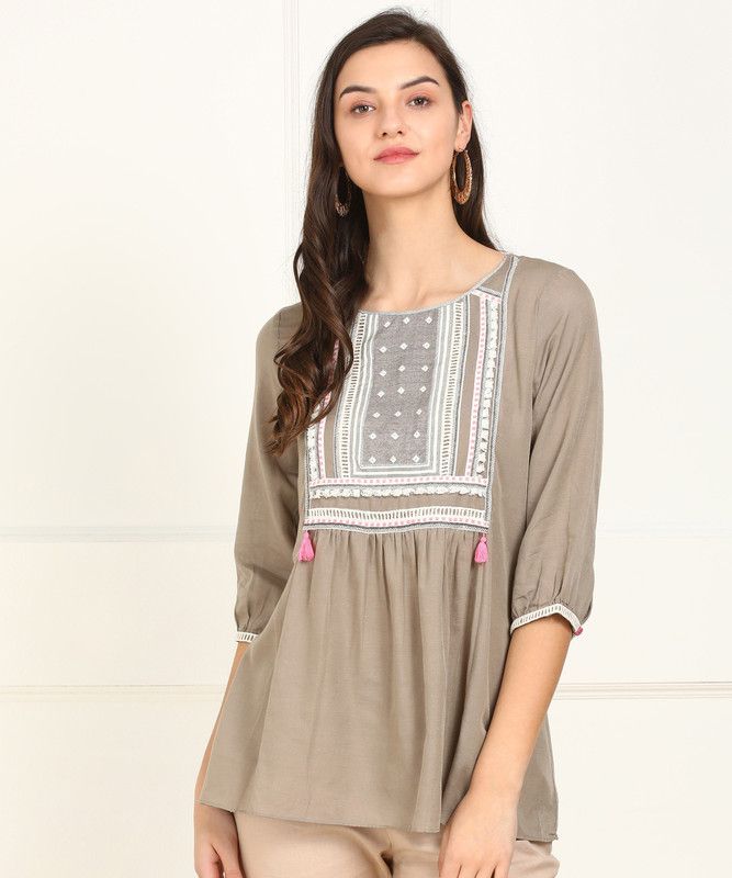 Casual Regular Sleeves Embroidered Women White, Beige Top