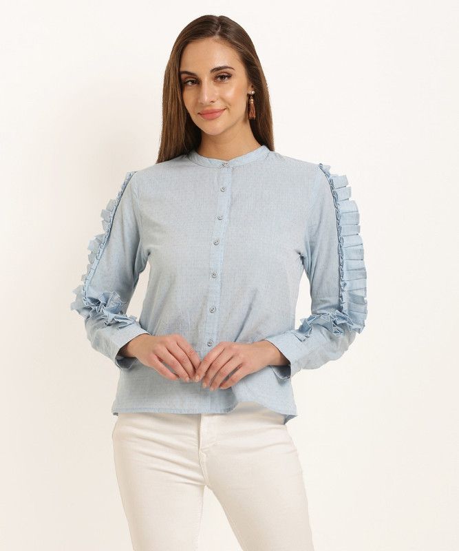 Casual Ruffled Sleeves Solid Women Light Blue Top