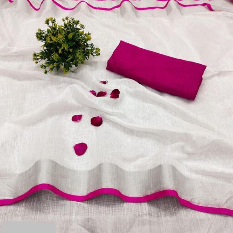 Chanderi Cotton Linen Saree  (Pink, White)
