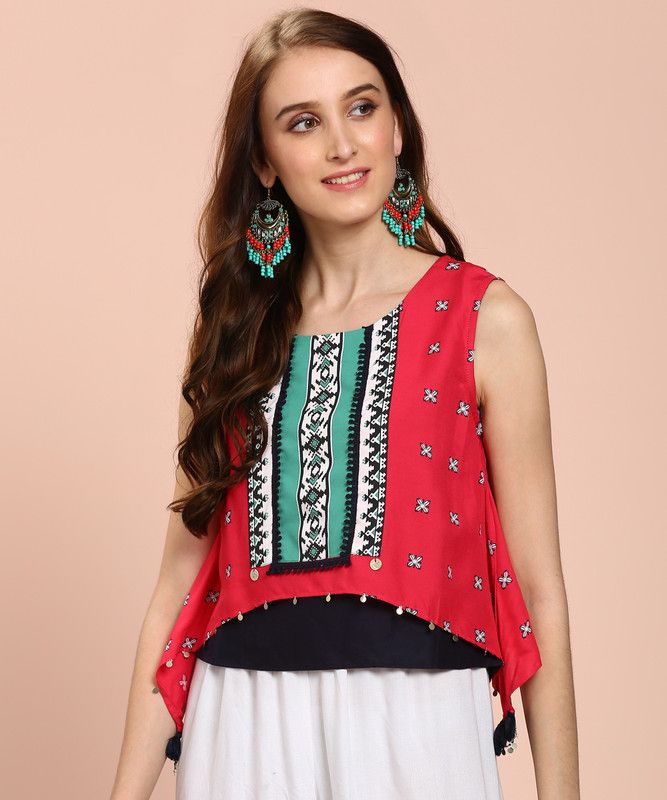 Casual Sleeveless Printed Women Red, Blue, Black Top