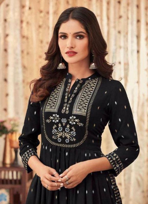 Women Applique Viscose Rayon A-line Kurta  (Black)