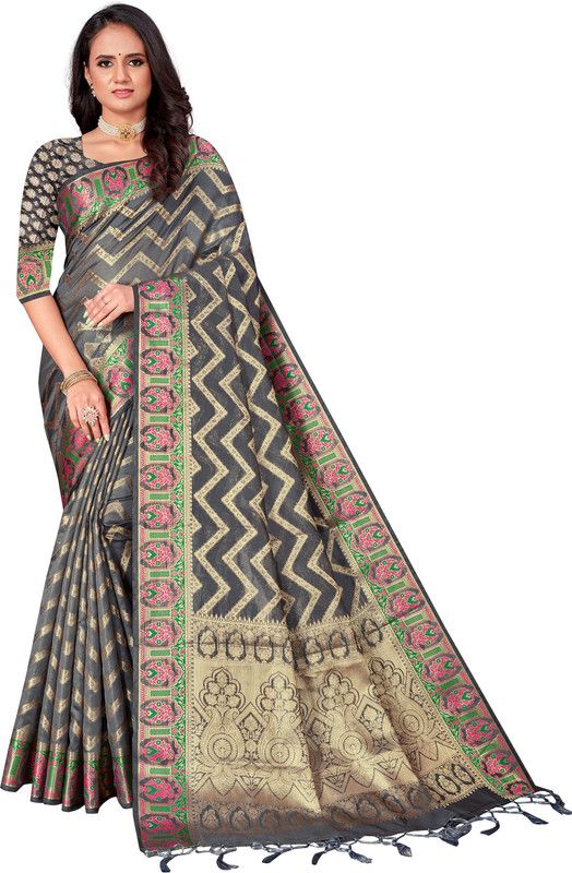 Embroidered Banarasi Organza Saree  (Black)