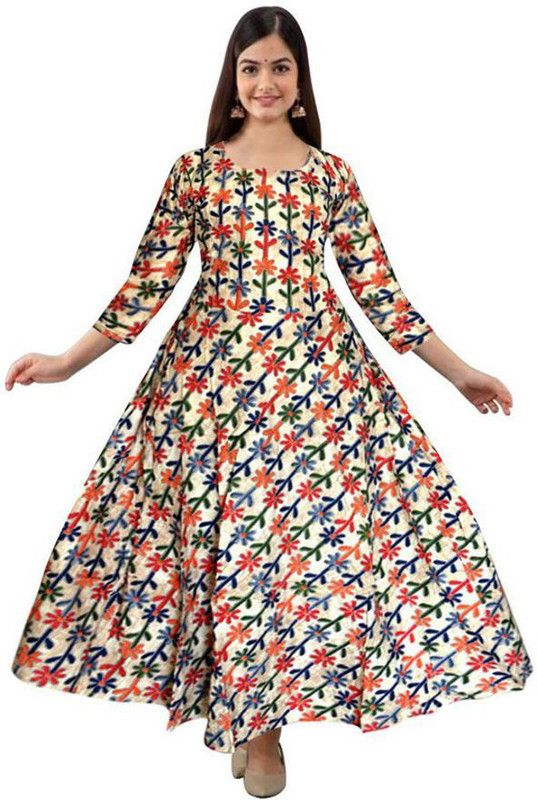 Printed Rayon Blend Stitched Straight Gown  (Red, Multicolor)