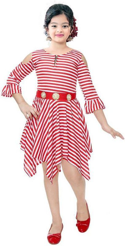 Girls Below Knee Casual Dress  (Red, 3/4 Sleeve)