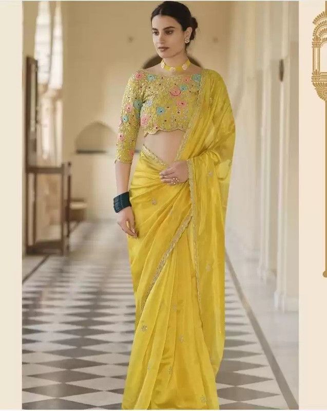 Embroidered Bollywood Georgette, Art Silk Saree  (Yellow)