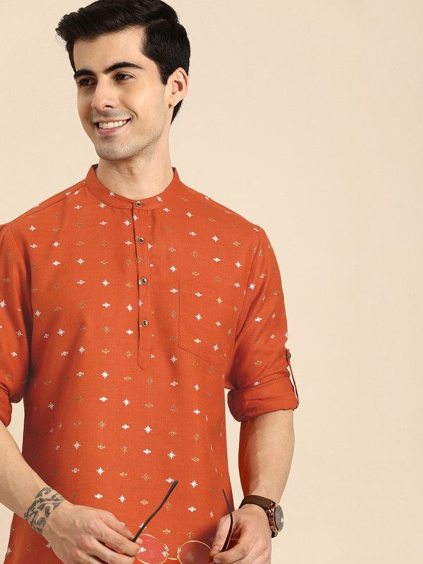 Men Printed Polyester Straight Kurta  (Brown)