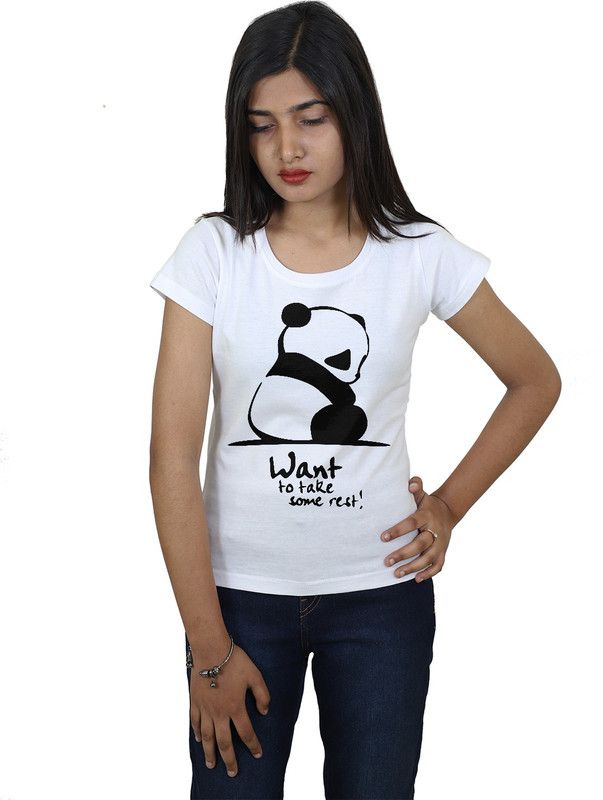 RestPanda-1L-W Women Graphic Print Round Neck Reversible Cotton Blend White T-Shirt