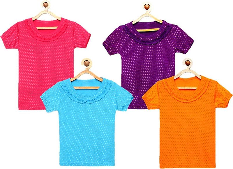 Girls Polka Print Pure Cotton T Shirt  (Multicolor, Pack of 4)