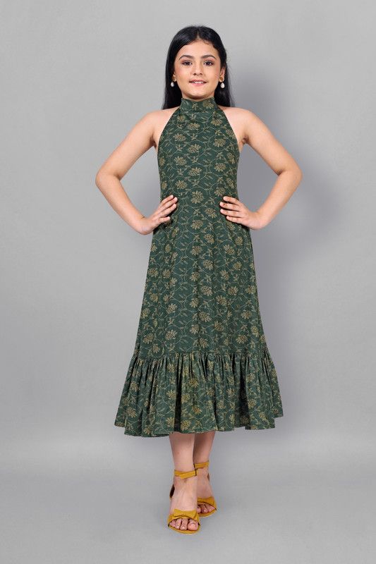 Girls Calf Length Casual Dress  (Dark Green, Sleeveless)