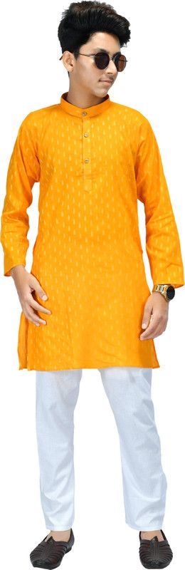 Boys Printed Kurta  (Yellow)