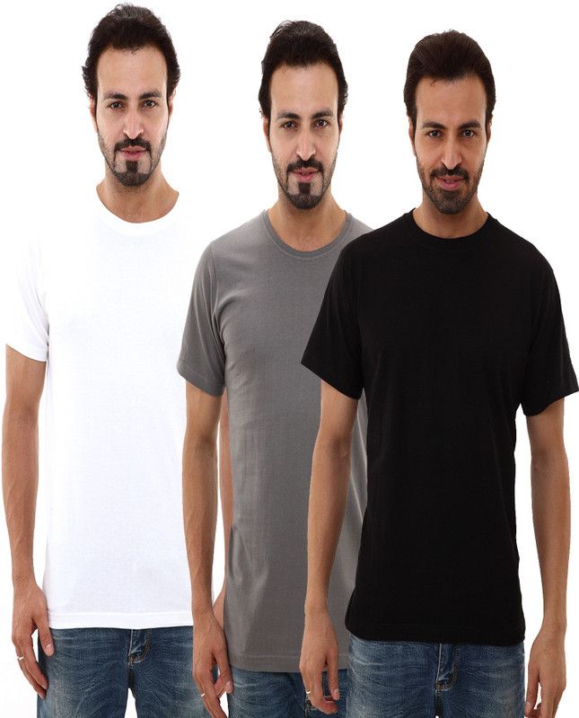 Pack of 3 Men Solid Round Neck Cotton Blend White, Black, Grey T-Shirt