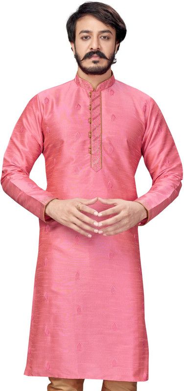 Men Embroidered Cotton Silk Straight Kurta  (Pink)