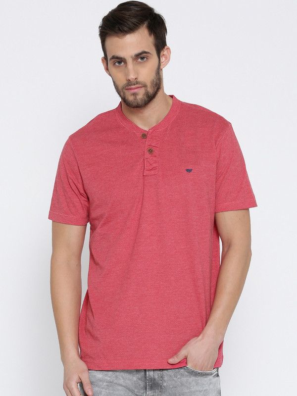 Men Self Design Henley Neck Pure Cotton Red T-Shirt