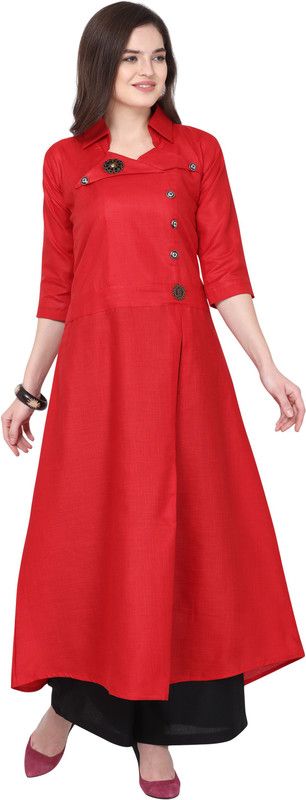 Women Embellished Cotton Blend Straight Kurta  (Red)