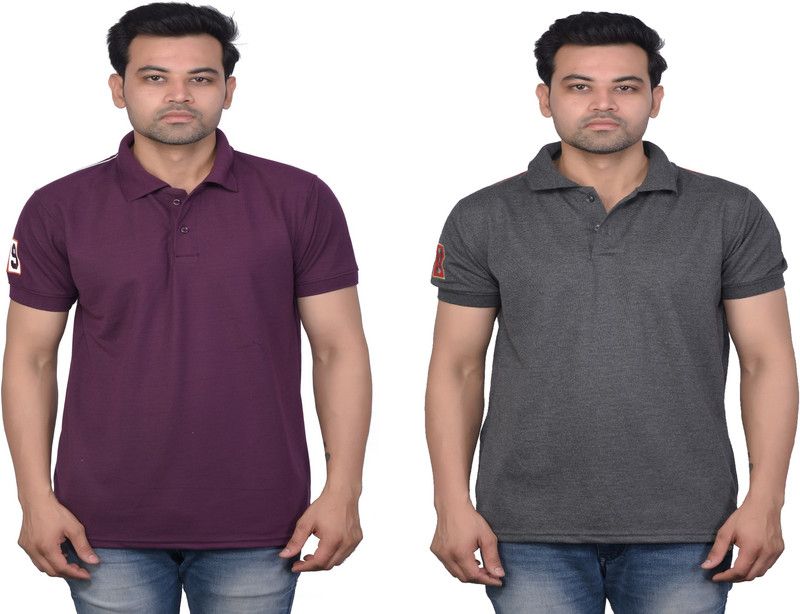 Solid Men Purple, Grey T-Shirt  (Pack of 2)