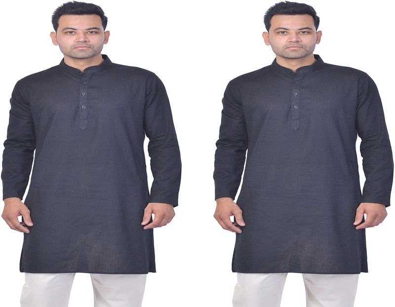 Pack of 2 Men Self Design, Solid Cotton Linen Straight Kurta  (Black)