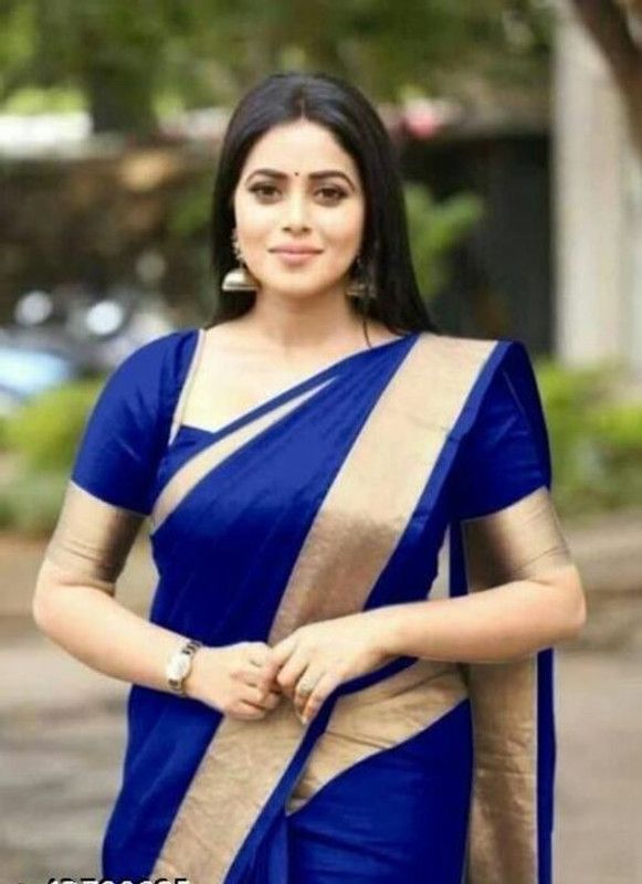 Solid/Plain Kasavu Art Silk Saree  (Light Blue)