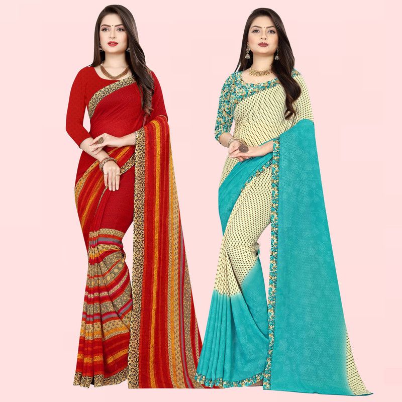 Printed Daily Wear Georgette Saree  (Pack of 2, Red, Beige)