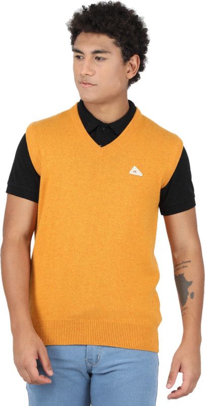 Men Solid V Neck Yellow Sweater