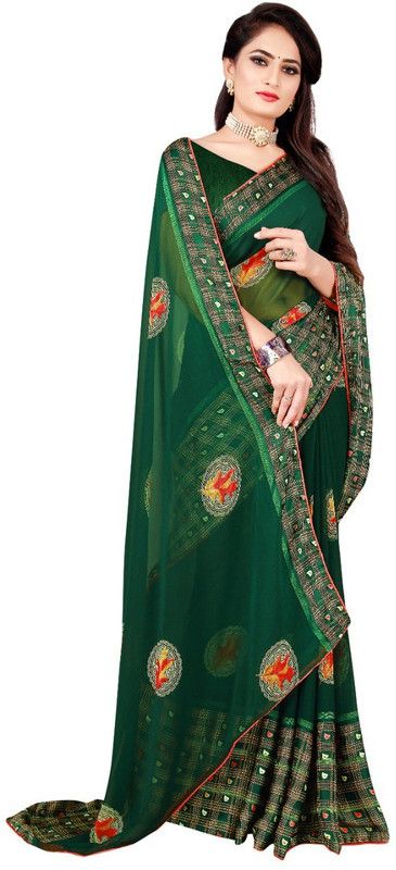 Printed Daily Wear Satin Saree  (Dark Green)