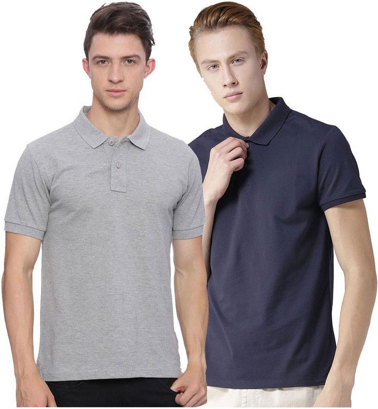 Pack of 2 Men Self Design, Solid Polo Neck Cotton Blend Blue, Grey T-Shirt