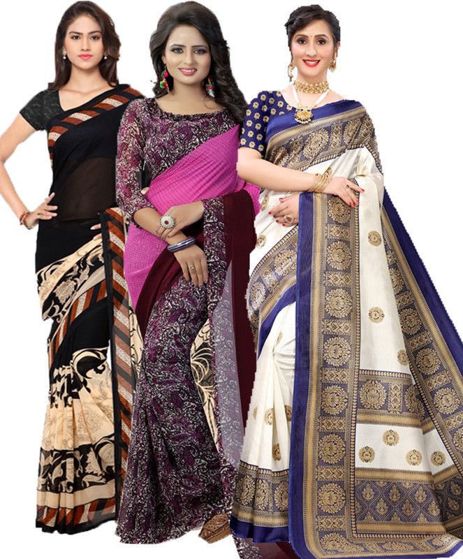 Geometric Print Bollywood Georgette Saree  (Pack of 3, Black, Purple, Blue)