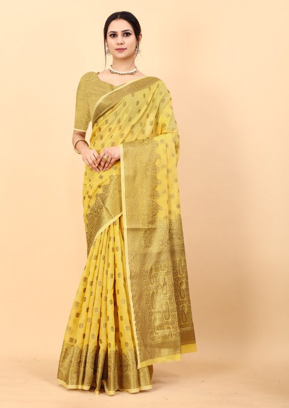 Woven Banarasi Cotton Silk, Jacquard Saree  (Yellow, Gold)