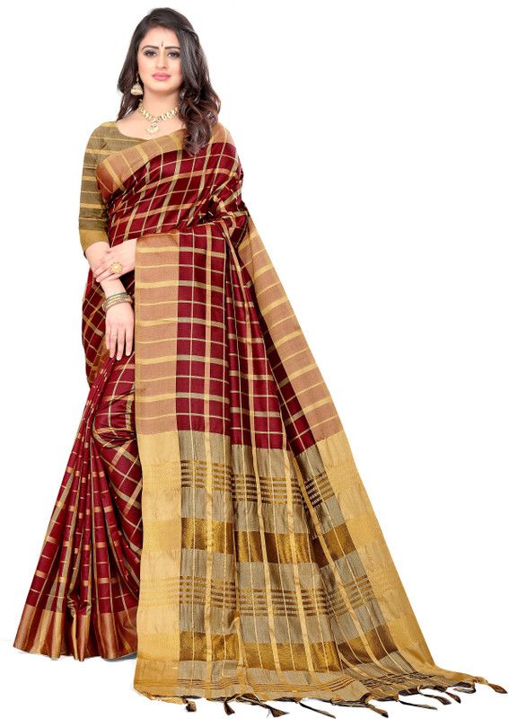 Checkered Bandhani Cotton Blend Saree  (Maroon)