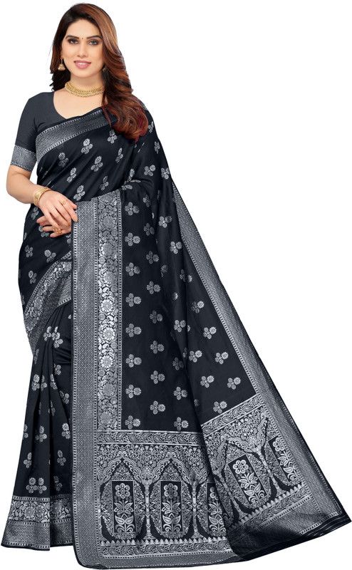 Woven Banarasi Jacquard, Silk Blend Saree  (Black)
