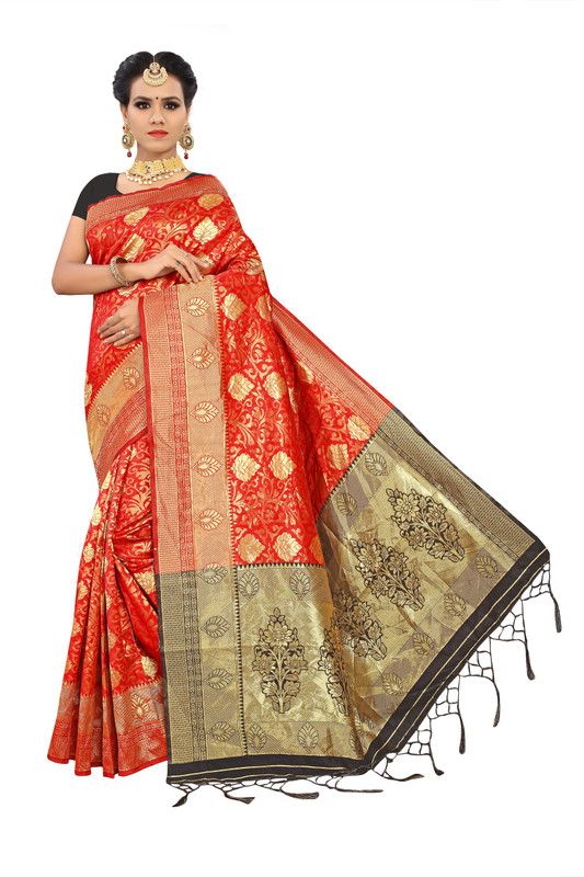 Embellished Kanjivaram Jacquard Saree  (Red)