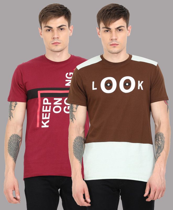 Pack of 2 XXL Men Graphic Print Round Neck Cotton Blend Multicolor T-Shirt