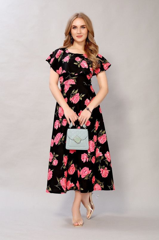 Women Floral Print Crepe Anarkali Kurta  (Green, Pink, Black)
