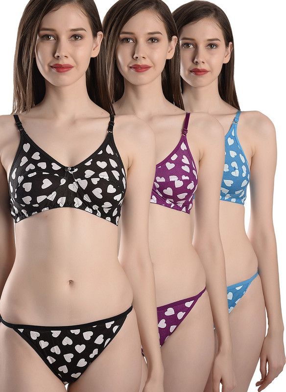 Bra & Panty Set Printed Purple, Blue, Black Lingerie Set