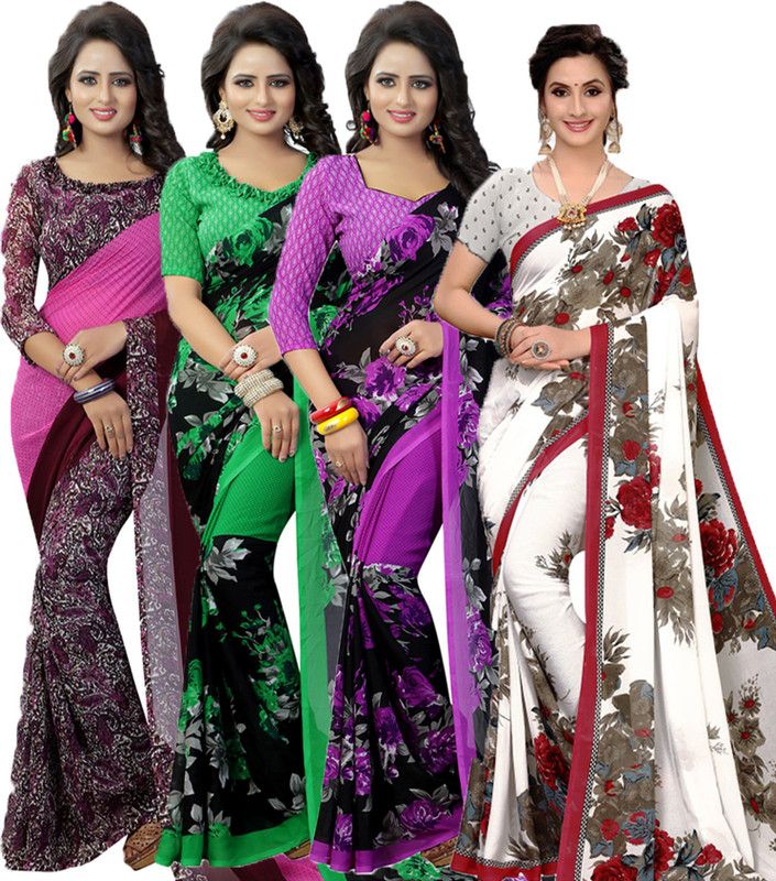 Printed Bollywood Georgette Saree  (Pack of 4, Purple, Green, White, Maroon)