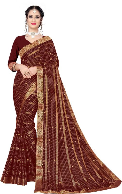 Embellished Bollywood Brasso Saree  (Brown)