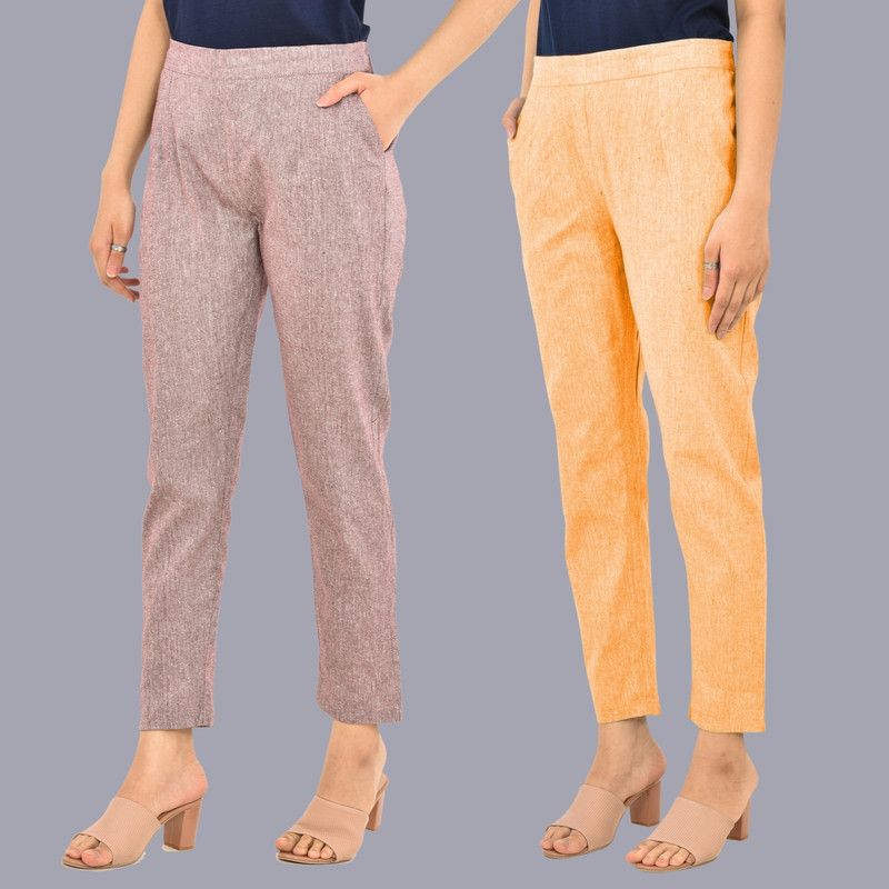 Pack of 2 Women Regular Fit Maroon, Orange Pure Cotton Trousers