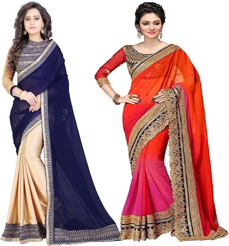 Bollywood Georgette Saree  (Pack of 2, Dark Blue, Orange)