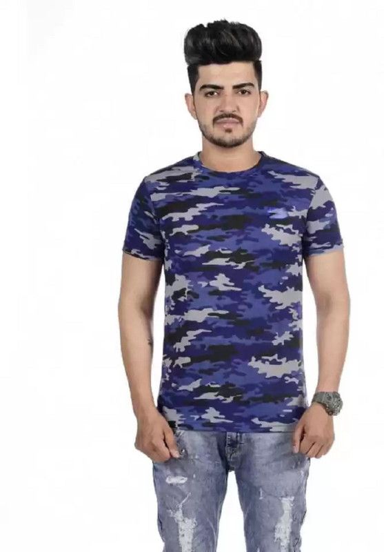 Men Military Camouflage Round Neck Reversible Cotton Blend Navy Blue T-Shirt